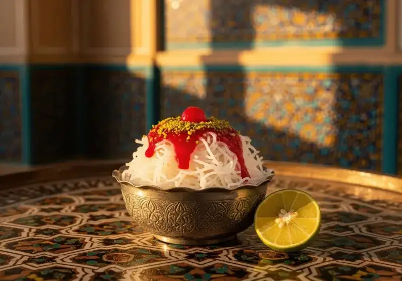 Faludeh : dessert traditionnel Iranien composé de fines nouilles vermicelles servies avec un sirop cerise pistaches et citron vert.