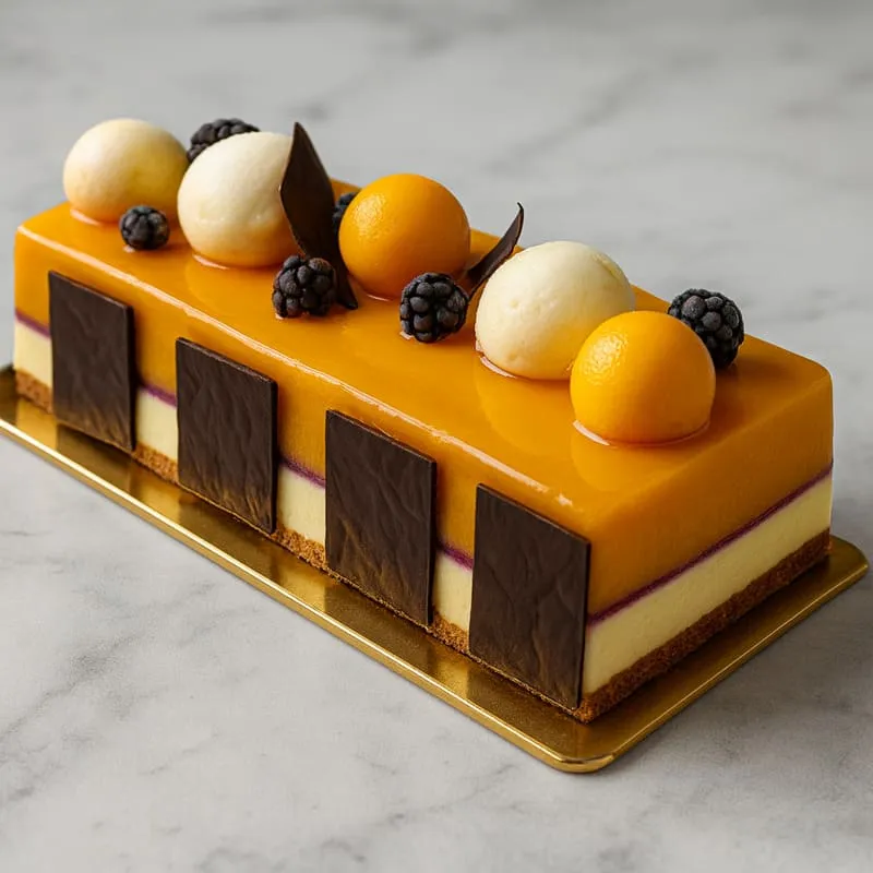 Bûche glacée Verveine Abricot Cassis et décors de chocolat