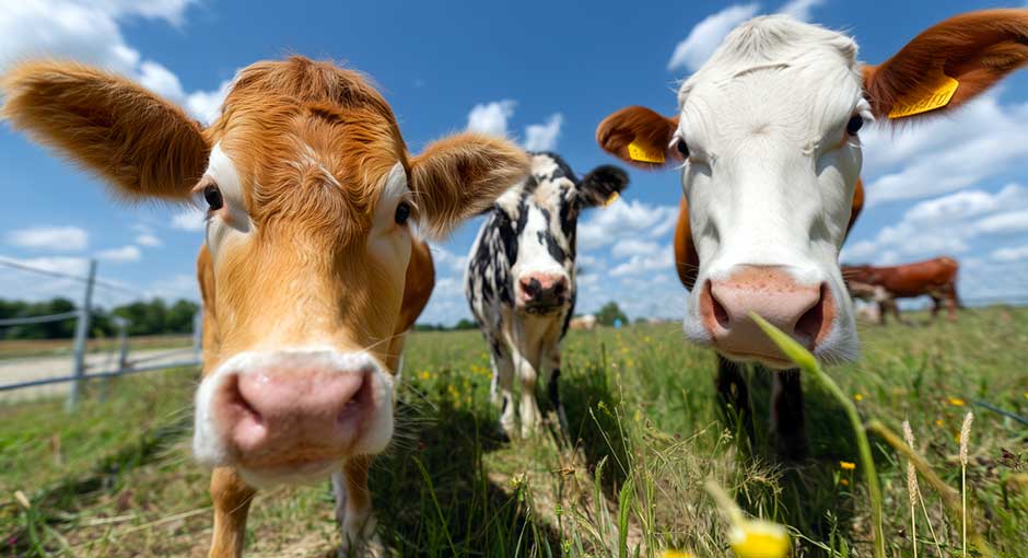 Trois vaches dans un pré sous un ciel bleu