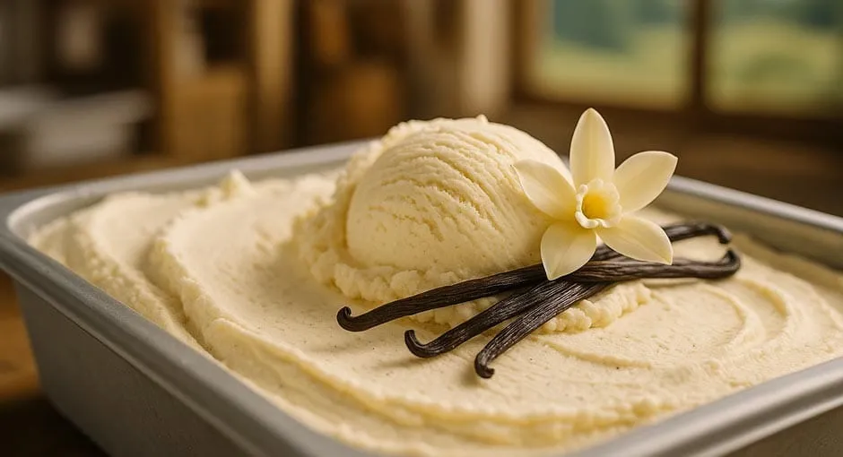 bac de glace rempli de vanille avec gousse et fleur de Vanille