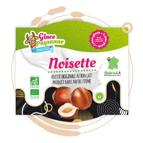 Une grande boule de glace à la noisette dans une élégante assiette en céramique blanche avec des ornements bleus